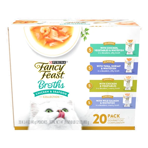Fancy Feast Purina Fancy Feast Broth Complement Chicken and Seafood Lickable Grain Free Wet Cat Food Variety Pack - (Pack of 20) 1.4 oz. Pouches