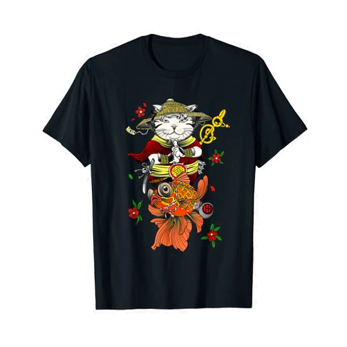 Japanese Culture Anime Ninja Cat Retro Kitty Shop Japanese Samurai Katana Ninja Cat and Koi Fish Carp Warrior T-Shirt for Men Women