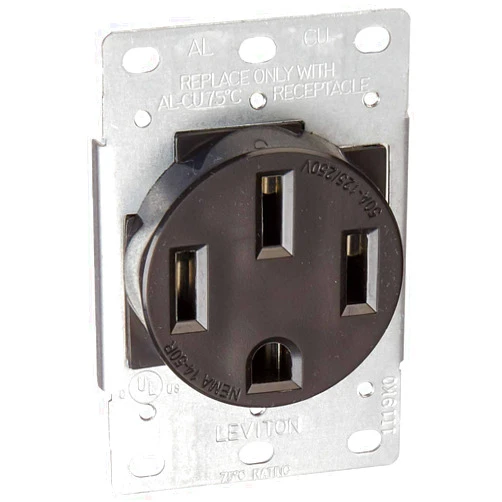 Leviton 279-S00 50 Amp, 125/250V, Nema 14-50R, 3P, 4W, Flush Mounting Receptacle, Straight Blade, Industrial Grade, Grounding, Side Wired, Steel Strap, Black