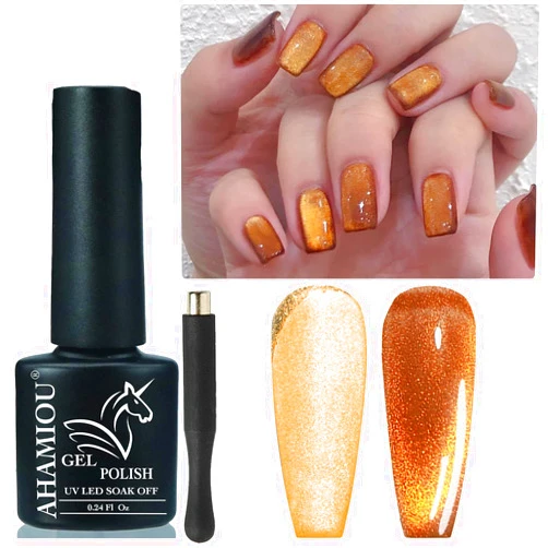 AHAMIOU Crystal Cat Eye Gel Polish Kits Magnetic Nail Polish Set Holographic Cats Eyes Gel Nail Polish Shiny Diamond Glitter Gel with Magnet Stick (Golden Orange)