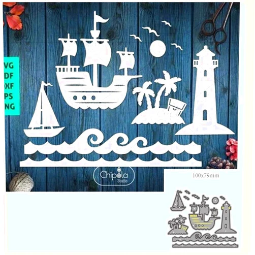 MALISTLN Sea View Cutting Dies Sailing Sea Waves Lighthouse Seagull Die Cuts Stencils Embossing Paper Dies for DIY Scrapbooking Album Arts Crafts Decoration Photo Stamps