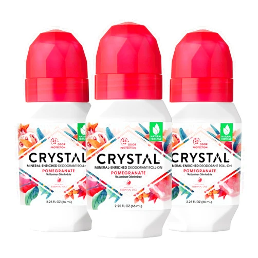 Crystal Essence Crystal Mineral Deodorant Roll-On Body Deodorant With 24-Hour Odor Protection, Pomegranate, Non-Sticky Roll-On, Aluminium Chloride, 2.25 FL OZ - 3 pack