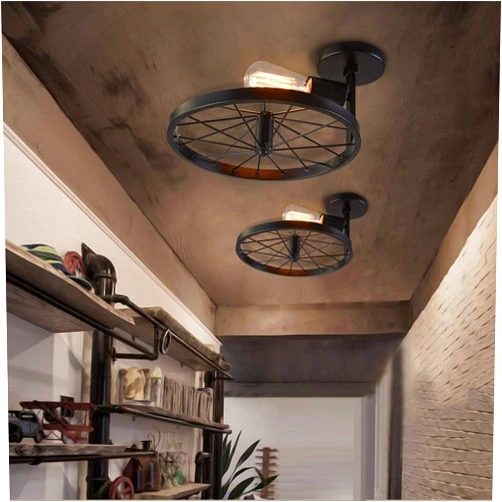 NIUYAO Vintage Industrial Wheel Shape Close to Ceiling Light, Retro style Wall Lamp Wall Sconce for Hallway Kitchen Dining Room Living Room(Mini Size) 423511