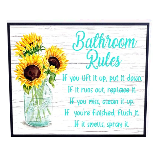 YELLOWBIRD ART & DESIGN Bathroom Rules Wall Art & Decor - LARGE 11X14 Rustic Country Farmhouse Bathroom Accessories - Funny Light Blue Powder Room Decorations - Restroom Sign - Guest Bathroom Decor - Sunflower Bath Wall Art