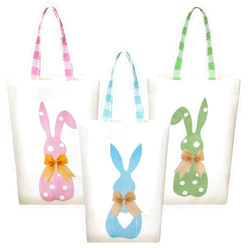 GliCraft 3 Pcs Easter Bunny Tote Bags Easter Bags with Handle Happy Rabbit Gift Reusable Canvas Candy Purse for Egg Party Supplies(Multicolor,Bunny)