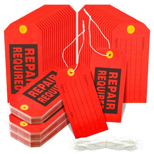 Hillban 200 Pcs Repair Required Tags, 2.4 x 4.7 inch Red Tags with Wire for Equipment with Cotton String, Mechanic Maintenance Paper Label Bulk with 8 Inch Lines