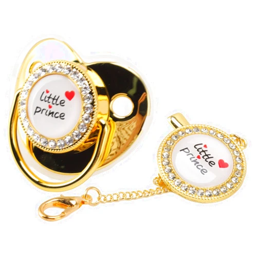 Luqeeg Baby Pacifier, Personalized Pacifier and Pacifier Clip Set, Baby Diamond Soothing Mouth with Dust Cover Little Prince Rhinestones Golden Bling Newborn Dummy Soother Silicone Infant Nipple(Gold)