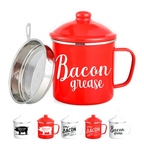 VITEVER 46OZ LARGE Bacon Grease Saver with Fine Mesh Strainer & Handle - Enamel Oil Keeper Container, Bacon Fat Dripping Can - Farmhouse Kitchen Gift & Decor Cooking Accessories - Red, Style 3