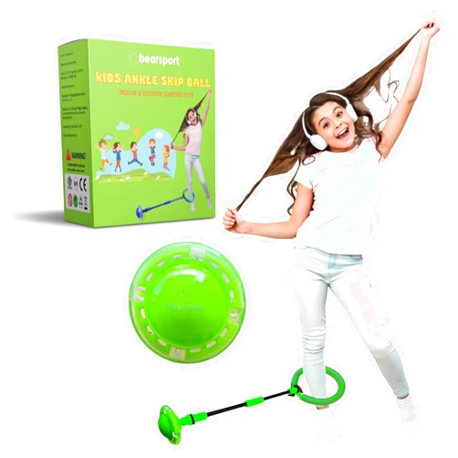 Bearsport Ankle Skip Ball for Kids, Foldable Light Up Toy with Flash Wheel, Indoor & Outdoor Active Play Game, Gift for Boys & Girls Ages 5 6 7 8 9 10+, Green