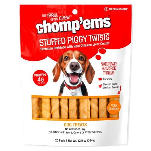 Westminster Pet Chomp'ems Pork Stuffed Piggy Twists, 20 Pack - Healthy, Protein Rich Treats for Dogs - Long Lasting Dog Chews