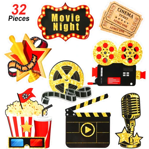 Fumete 32 Pieces Movie Night Cutouts Movie Party Decorations Kit Double Sided Printing Golden Black Paper Cards Red Carpet Clapboard Movie Tickets Film Reel Decor for Movie Night Party Supplies