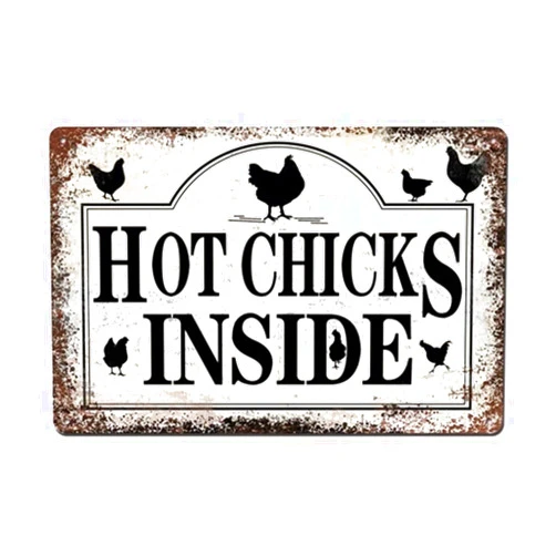 HAUTZADO Renokes Brand Vintage Decorative Signage, Hot Chicks Inside Sign, 8 x 12 inches Tin Metal Sign, for Indoor and Outdoor Retro Wall Decor