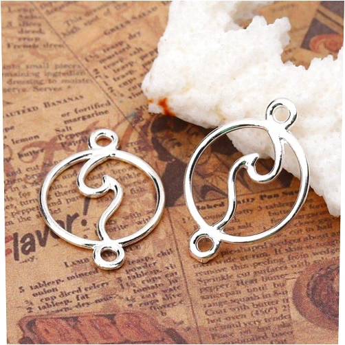 Rafi_ruo Ocean Wave Charms 28mm Silver Plated Connector Pendants 20 pcs