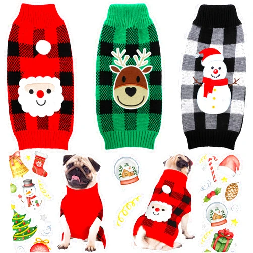 Sanwuta 3 Pieces Christmas Dog Sweaters Sets Santa Snowman Reindeer Plaid Puppy Dog Sweaters Clothes Pet Knitwear for Dog Cat Pet Costume(Small)