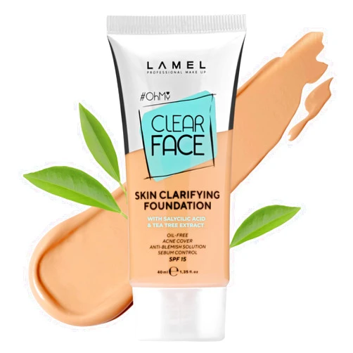 Lamel - Oh my Clear Face Foundation-404 Custard | Contains tea tree extract and salicylic acid |Controls sebum production |Anti-blemish formula |Oil free foundation | 40ml