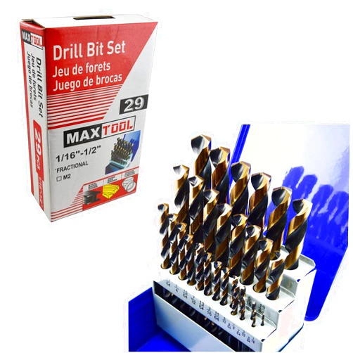 MaxTool 29 Pieces Drill Set 29PCs/29-Piece Twist Drill Bit Set High Speed Steel M2 Fully Ground 1/16“ to 1/2”x64th Fractional; JBS02H10R029P