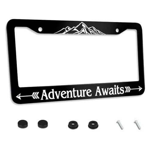 Invincibleframe Personalized License Plate Frame Stainless Steel Adventure Awaits Car License Plate Accessory Decorative 2 Holes and Screws Fits US Standard License Plates Size: 12.2 x 6.3 in