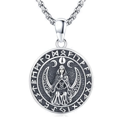 Brisskaari Triple Moon Goddess Necklace for Men 925 Sterling Silver Moon Goddess Pendant Necklace Viking Runes Goddess Necklace for Him
