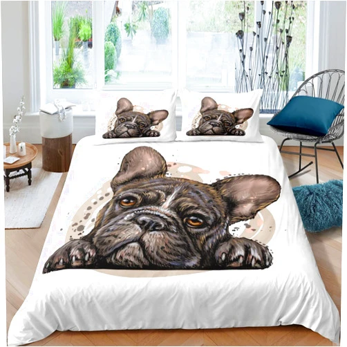 Erosebridal Sharpei Dog Comforter Cover French Bulldogs Bedding Set for Kids Boys Teens Queen Size,Chocolate Puppy Pet Duvet Cover Doggy Animal Bed Set for Dog Lover Gifts,Plain White
