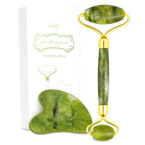 COTIFY Jade Roller & Gua Sha Set, Face Roller, Cotify Anti-Aging Facial Roller, Natural Green Jade Beauty Massager Tool, Skin Care Tool for Face, Neck, Eye to Reduce Wrinkles and Relax Body Muscles