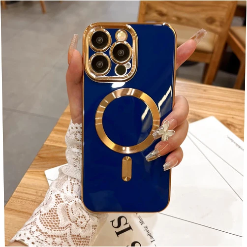 OOK for iPhone 14 Pro Max Case with Camera Lens Cover [Compatible with Magsafe] Luxury Plating Edge Magnatic Black Soft TPU Shockproof Protective Phone Cover for Women Men 6.7 Inch - Blue