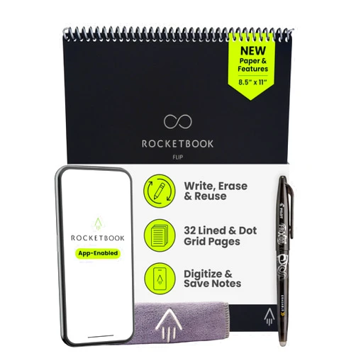 Rocketbook Flip Reusable Smart Notepad, Top Bound Spiral Notebook Lined and Dotted Pages Letter Size 8.5x11, Premium, Black (Pack of 1)