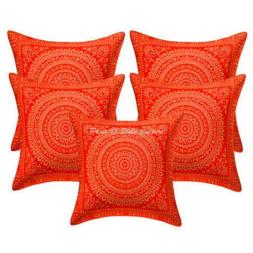 Stylo Culture Ethnic Brocade Living Room Throw Pillow Covers Orange 16x16 Traditional Jacquard Weave Gold Couch Cushion Covers 40 x 40 cm Polydupion Silk Mandala Square Pillowcases | Set of 5