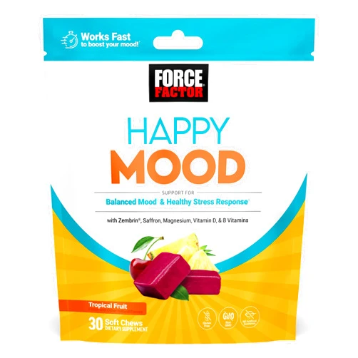 FORCE FACTOR Happy Mood, Mood Support and Mood Balance Supplement to Support Happiness, Positivity, and Stress, Made with Magnesium, Saffron, Zembrin, Non-GMO, Tropical Fruit Flavor, 30 Soft Chews