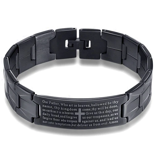 Bestdays Men's Vintage Stainless Steel Black Cross Silver English Bible Lords Prayer Religious Link Wrist Bracelet