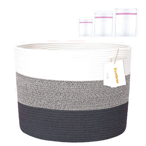 Humbson Large Woven Basket, Handcrafted Cotton Rope Storage Basket with 3 Mesh Laundry Bag, 20” x 20” x 13” Blanket Basket for Living Room, Laundry Room and Kids Room