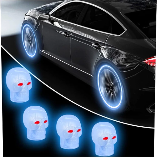 BDZMC 4PCS Skull Luminous Car Tire Valve Stem Caps, Fluorescent Tire Pressure Caps, Glow in The Dark Corrosion Resistant Tire Air Valves Stem Caps, Suitable for Car, SUV, Truck, Motorcycle (Blue)