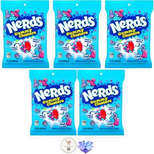 KD Supplies Nerds Gummy Clusters 5oz Peg Bags WITH Bonus Nostalgic Mystery Candy (Pack of 5, Very Berry)