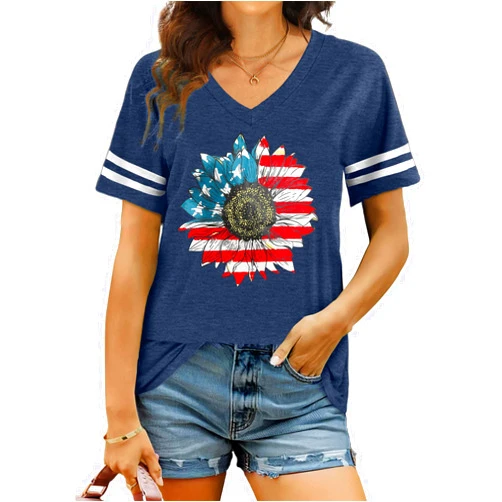 LHBNK American Flag Shirts Women Patriotic Shirt 4th of July Tee Tops V-Neck Short Sleeve Summer T-Shirt