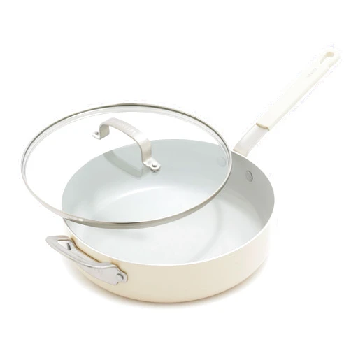 GreenPan x Bobby Flay 4.5QT Sauté Pan with Glass Lid, Professional Grade Aluminum, PFAS & PFOA-Free Ceramic Nonstick, Induction Suitable, Stay-Cool Silicone Handle, Dishwasher & Oven Safe, Cream