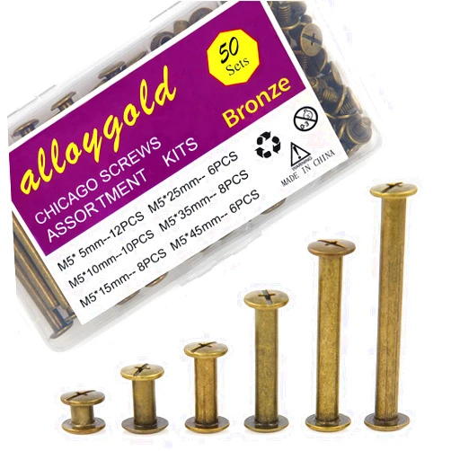 Alloygold 100 Pcs (50 Pair) Bronze Phillips Chicago Binding Screws Assorted Kits,6 Sizes of Flat Head Rivet Hollow Binding Screws Posts, for Leather Saddles Purses Belt Repair（M5 x 5/10/15/25/35/45）
