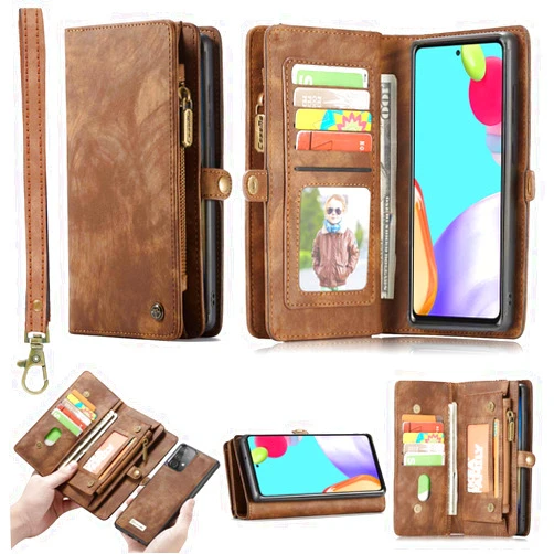 Simicoo OnePlus 9 Detachable Wallet Zipper Leather Case 11 Card Slots Holder OnePlus 9 Flip Detachable Magnetic case Handle Wrist Strap Shockproof Pocket Handbag for Man Woman (OnePlus 9, Brown)