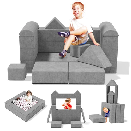 Xilingol Kids Couch Toddler Couch, 10Pcs Kids Modular Play Couch, Kids Sofa with Ottomans, Convertible Foam Couch Play Set for Creative Child, Kids Furniture for Playroom (Gray)