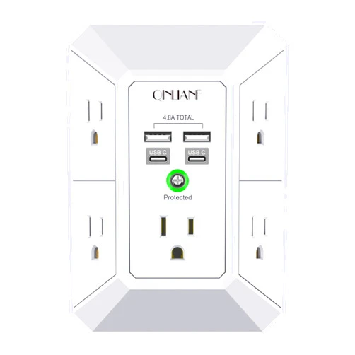 QINLIANF USB Wall Charger, Surge Protector, QINLIANF 5 Outlet Extender with 4 USB Charging Ports (4.8A Total) 3-Sided 1680J Power Strip Multi Plug Outlets Wall Adapter Spaced for Home Travel Office(2U2C),White