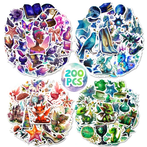 Refustar 200PCS Magic Stickers for Water Bottle, 4 Styles Vinyl Waterproof Stickers for Laptop, Fairy, Dragon, Butterfly Aesthetic Stickers, Magic Moon Stickers for Kids, Girls,Teens