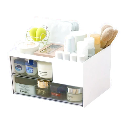 MILULUGO Makeup Organizer with 2 Drawers, Desk Organizer, 4 Compartments, Cosmetics Storage Box for nail polish,Lipstick, Brushes, Jewelry, Skincare, Bathroom Organization Boxes - White