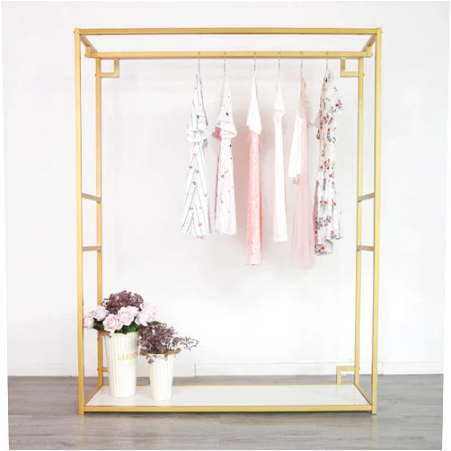 HOMEKAYT Gold Clothing Racks with Shelves, Weeding Dress Retail Clothes Rack,Freestanding Rack, Shoes Bags Clothes Organizer Garment Rack(47