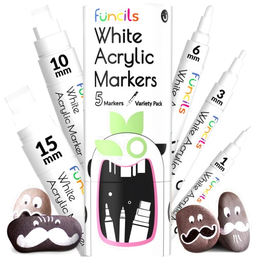 Funcils 5 Acrylic White Paint Pens - Fine & Jumbo Size Ink Pens (1mm, 3mm, 6mm, 10mm, 15mm) - Permanent White Marker Ink for Rock Painting, Fabric, Tire, Metal, Wood, Canvas, Glass, Plastic, Ceramic