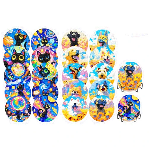 EWJRNSF 10 PCS Diamond Art Coasters Kit, Small Diamond Painting Coasters, Fall Diamond Art Kits for Adults Beginners, Arts and Crafts Supplies Item Sets with Holder Dog and Cat