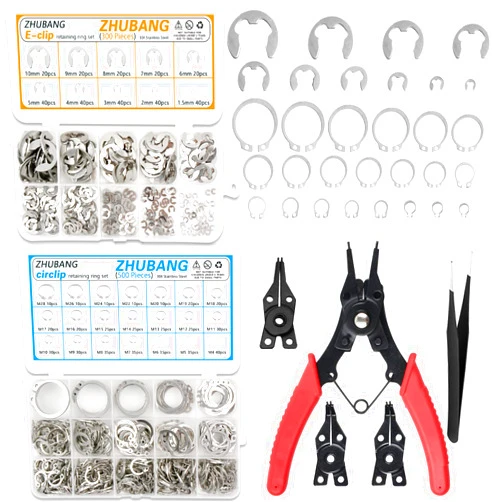 ZHUBANG 800Pcs C-Clip External Retaining Rings Snap Rings Assortment Kit Circlip 304 Stainless Steel(M4-M28) + E-Clip Retaining Rings Assortment Set(1.5mm-10mm) + 5Pcs Snap Ring Plier + Tweezer