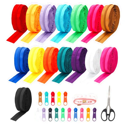 Luxiv 45 Yards 15 Colors #5 Nylon Coil Zippers with 90Pcs Pull Heads, Scissor, Ruler, Assorted Lengths Sewing Zipper for DIY Sewing Crafts Zipper Tape for Clothes, Bag, Purse Making Supplies Kit (Model 2)
