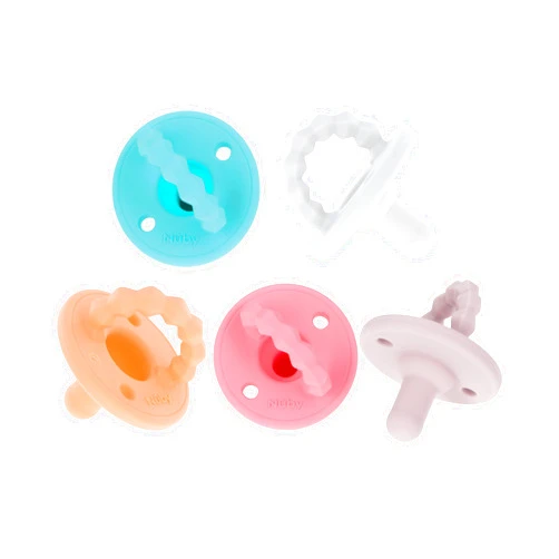 Nuby Silicone Softees Pacifier and Teethers - (5-Pack) Silicone Baby Pacifiers and Teethers - 0+ Months - Assorted Pastel Colors