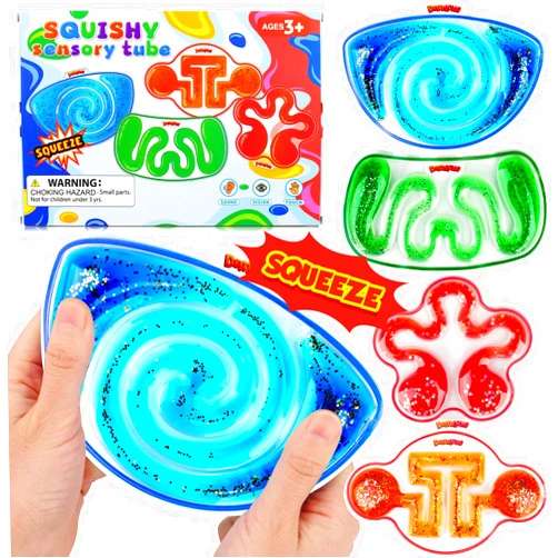 Demilong Squishy Sensory Toys for Kids - 4 Pack Fidget Toy Sensory Maze Filled with Colorful Goo, Glitter, Sensory Calming Toys for Kids with Autism, ADHD - Classroom Prizes, Goodie Bag Stuffers