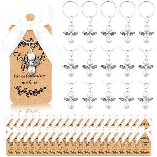 Sureio 40 Sets Baptism Favors Angel Keychains Silver Angel Charm Keychain with Thank You Tags and White Bows Guest Gifts for Baby Shower Baptism Favors Wedding Bridal Party Supplies