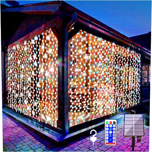 Whywhife Solar Curtain Lights Outdoor Garden 300 LED Fairy String Lights 8 Modes Remote Control Waterproof Waterfall Lights for Gazebo Patio Festival Wedding Wall Christmas Decorations(Multicolor)