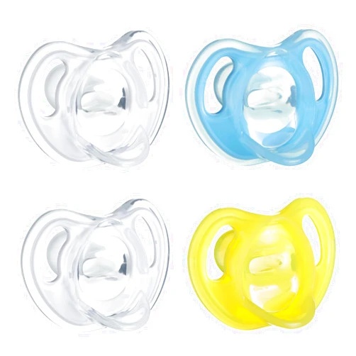 Tommee Tippee Ultra-Light Silicone Pacifier, 6-18 Months, Symmetrical One-Piece Design, BPA-Free Silicone Binkies, Clear/Blue/Yellow, Pack of 4